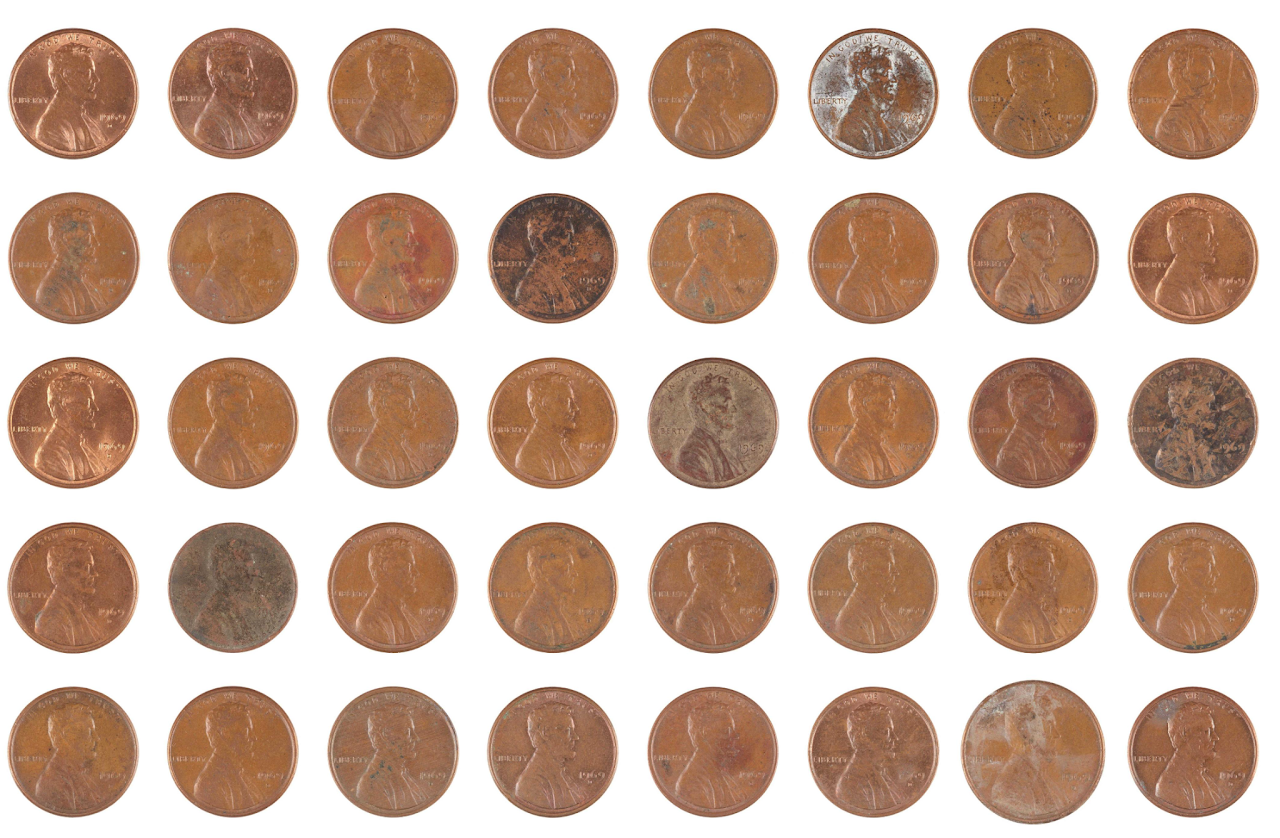 A grid of cents, each differently worn
