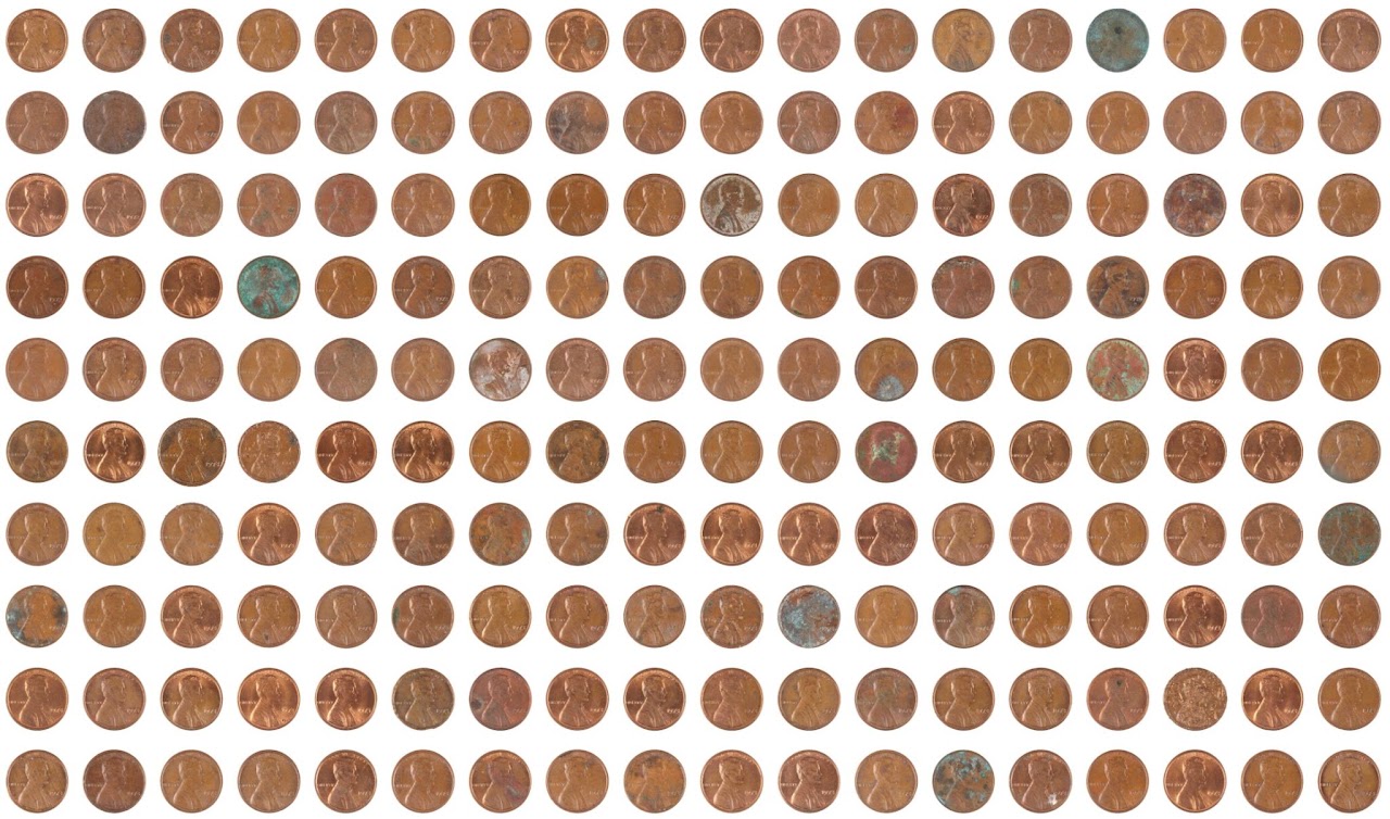 A grid of cents, each differently worn