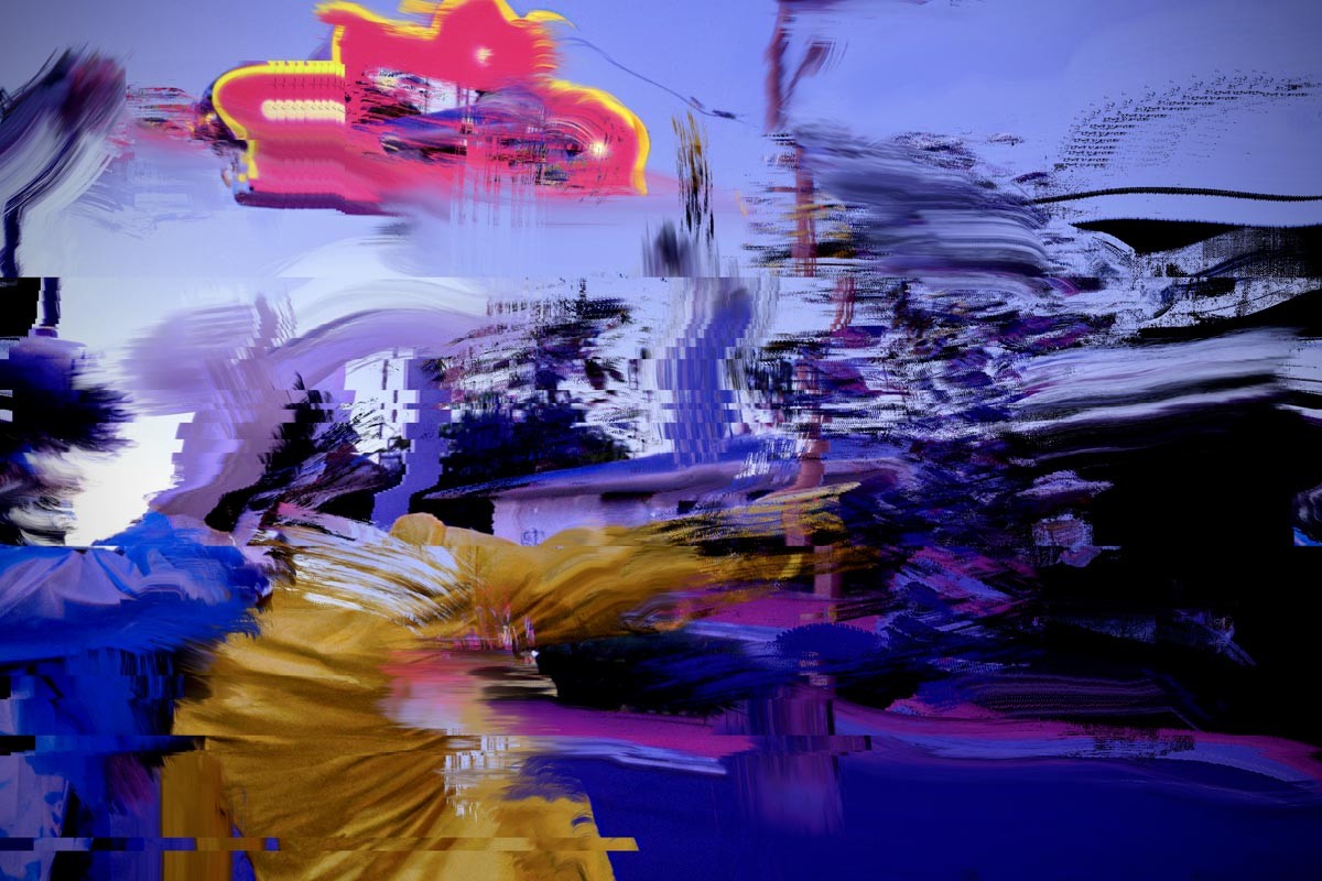 Sightseers 104 by Norman Harman: a violet field torn into horizontal bands, a smeared figure in blue and yellow at the lower left and a red neon form above