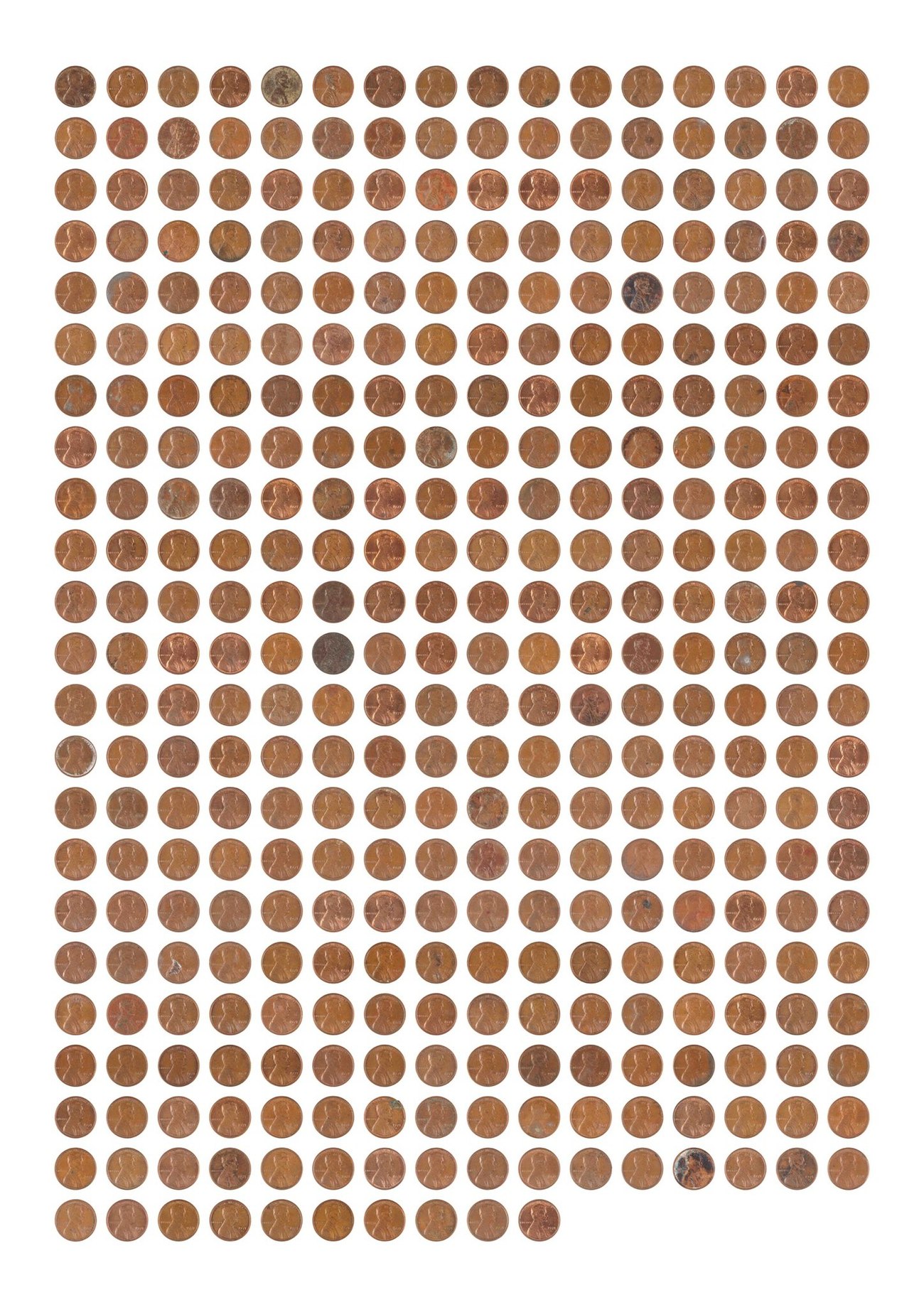 A grid of copper cents shown obverse, each face differently worn and toned