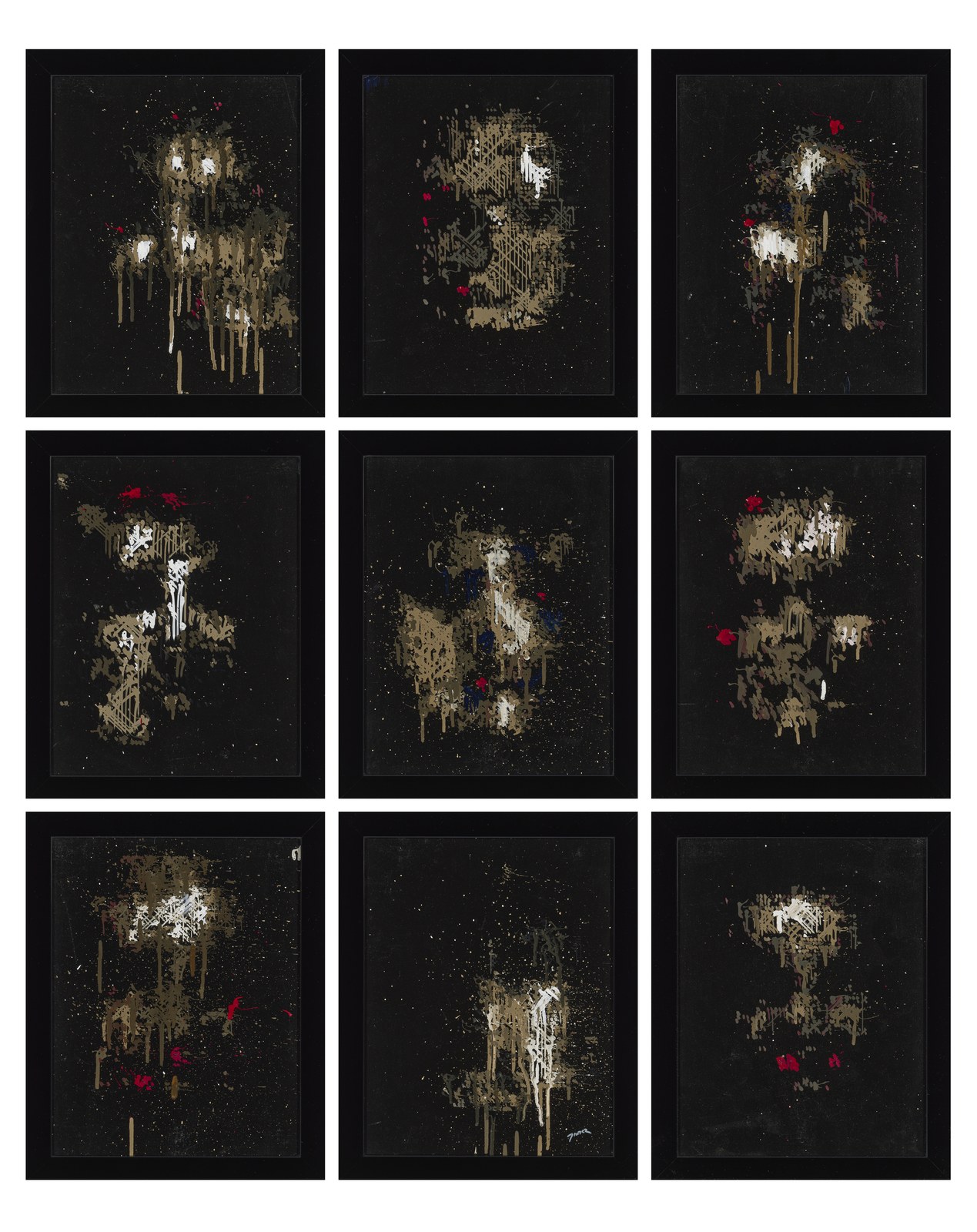 Nine framed canvases in a three-by-three grid, each a dark ground on which a pale face emerges from dripping, half-formed strokes