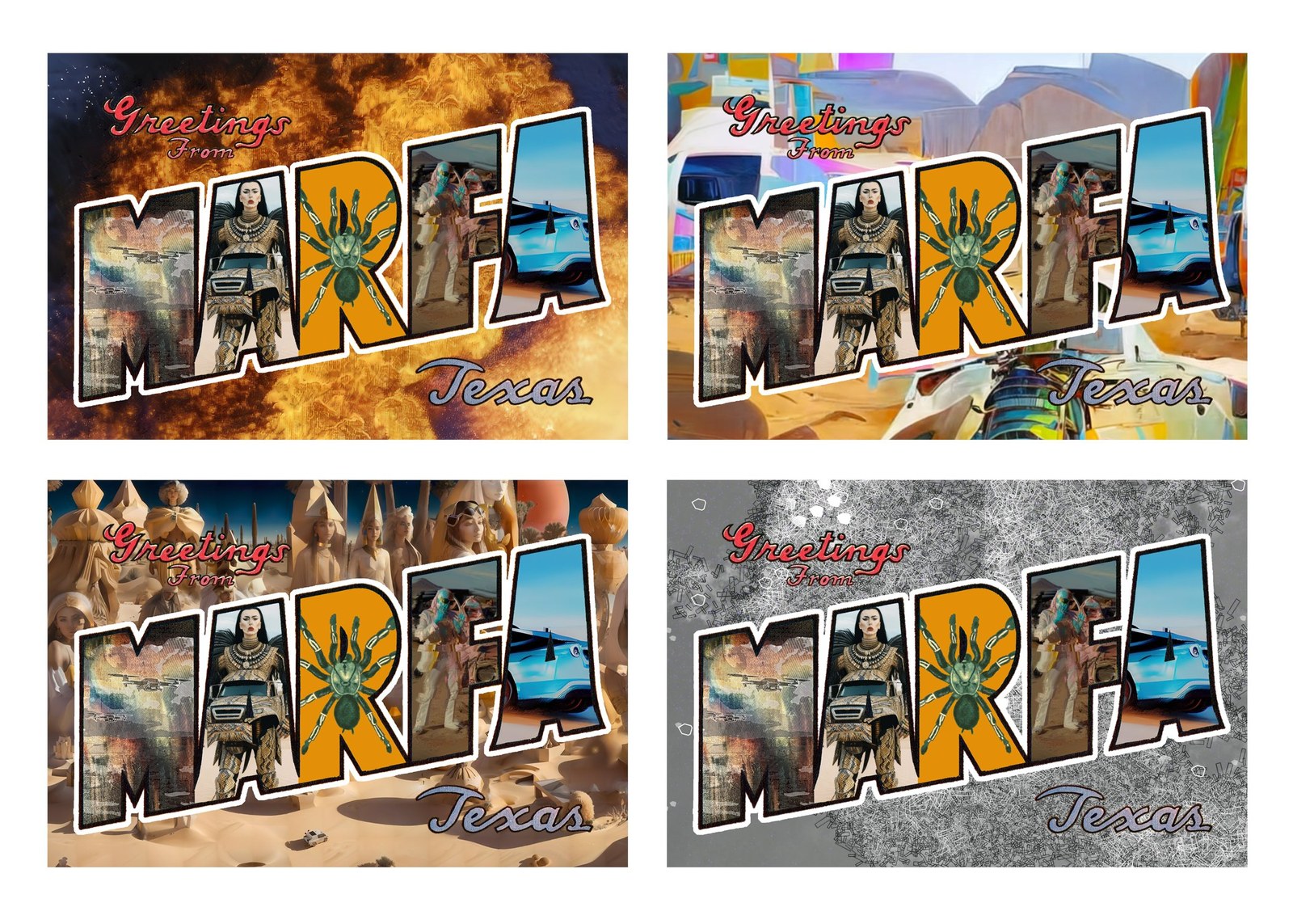 Four Greetings From Marfa, Texas postcards, each set in a different collection&rsquo;s imagery