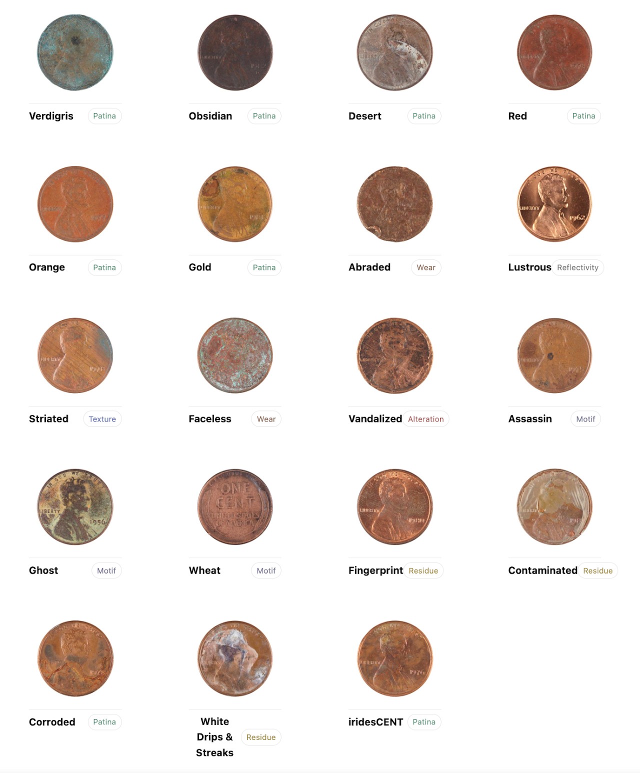 A chart of nineteen CENTS traits, each with an example coin: Verdigris, Obsidian, Desert, Red, Orange, Gold and Corroded patinas; Abraded and Faceless wear; Lustrous reflectivity; Striated texture; Vandalized alteration; Assassin, Ghost and Wheat motifs; Fingerprint, Contaminated and White Drips and Streaks residue; and iridesCENT