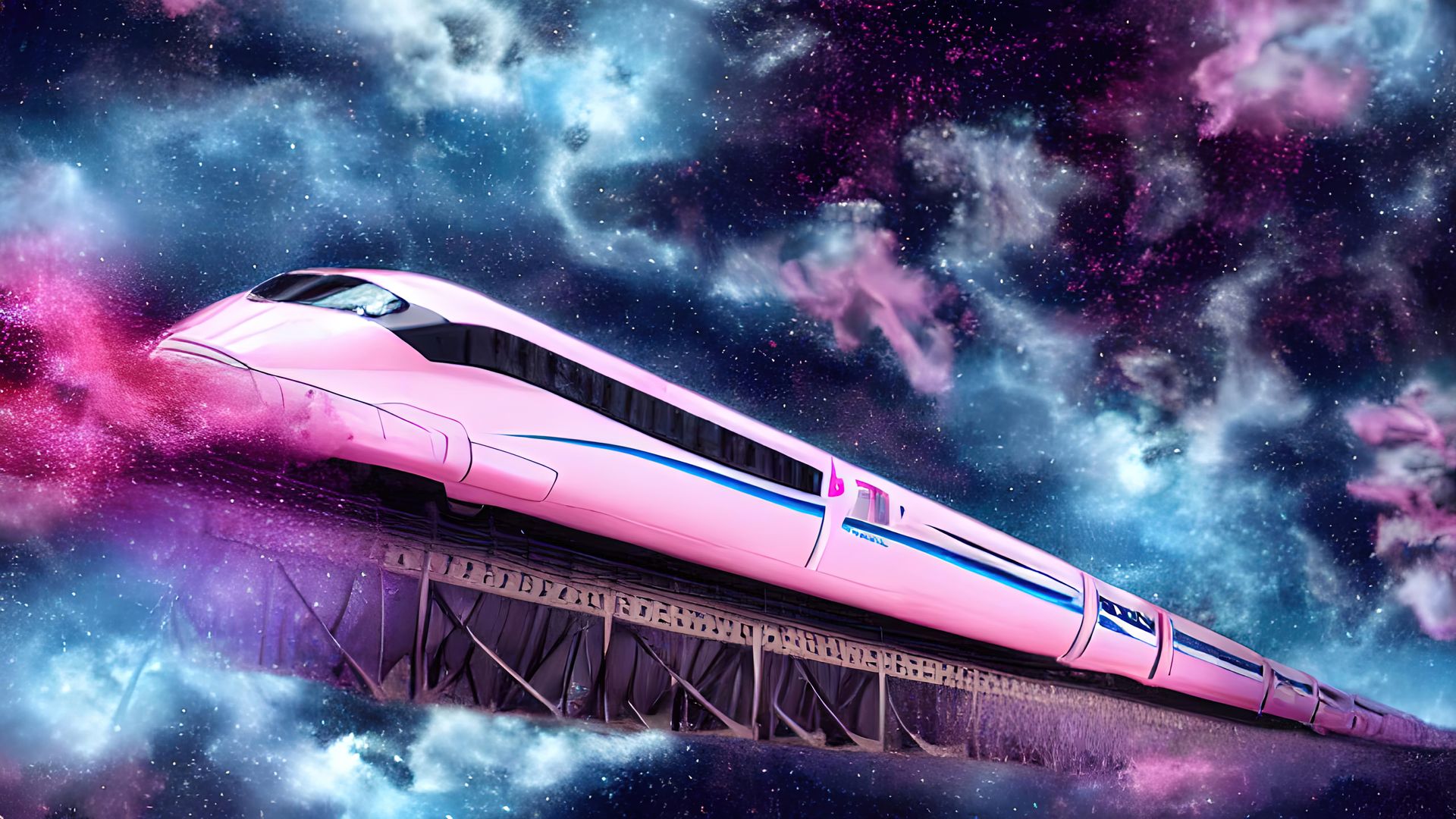 Captain Curate: a pink train crossing a trestle through a field of stars and nebulae